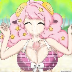 Rule 34 | bikini, breasts, cum, cum on body, cum on breasts, cum on clothes, cum on hair, cum on upper body, closed eyes, facial, happy, large breasts, moa (show by rock!!), paizuri, paizuri under clothes, pink hair, show by rock!!, swimsuit