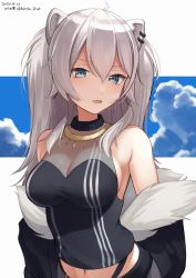 Rule 34 | 1girl, ahoge, animal ears, bare shoulders, blush, breasts, cleavage, earrings, fur-trimmed jacket, fur trim, grey eyes, grey hair, hair between eyes, highres, hirota fruit, hololive, jacket, jewelry, large breasts, lion ears, lion girl, long hair, looking at viewer, midriff, necklace, open mouth, see-through, see-through cleavage, shirt, shishiro botan, shishiro botan (1st costume), skirt, sleeveless, sleeveless shirt, solo, virtual youtuber