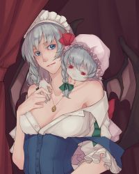 Rule 34 | 2girls, bad id, bad pixiv id, bare shoulders, bat wings, biting, blood, blue eyes, braid, breasts, cleavage, gradient background, highres, izayoi sakuya, large breasts, maid, multiple girls, nanairo, off shoulder, open clothes, red eyes, remilia scarlet, short hair, silver hair, touhou, twin braids, vampire, wings