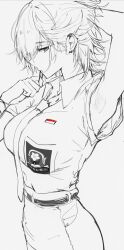 Rule 34 | 1girl, absurdres, armpits, belt, breasts, collared shirt, ear piercing, hair tie in mouth, hand up, highres, indonesian flag, indonesian high school uniform, large breasts, looking at viewer, mole, mole under mouth, monochrome, mouth hold, necktie, original, piercing, school uniform, shirt, short hair, short sleeves, sketch, skirt, solo, upper body, vloodozer