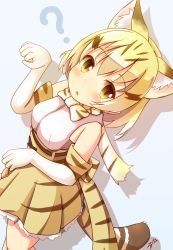 Rule 34 | 10s, 1girl, :o, ?, animal ears, bare shoulders, blonde hair, blue background, blush, bow, bowtie, brown eyes, brown hair, brown skirt, cat ears, cat girl, cat tail, commentary request, dutch angle, elbow gloves, gloves, hair between eyes, high-waist skirt, kemono friends, looking at viewer, minazuki mizu, multicolored hair, parted lips, pleated skirt, sand cat (kemono friends), shirt, sidelocks, simple background, skirt, sleeveless, sleeveless shirt, solo, striped tail, tail, white gloves, white shirt