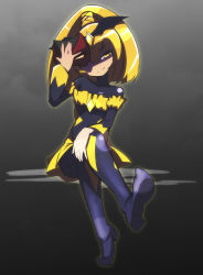 Rule 34 | 10s, 1girl, bad end peace, bad end precure, blonde hair, blush, bodysuit, boots, breasts, choker, covered navel, crossed legs, dark persona, dress, earrings, fingerless gloves, gloves, hair ornament, head tilt, highres, jewelry, long hair, magical girl, mask, navel, ponytail, precure, shaded face, simple background, sitting, small breasts, smile, smile precure!, smirk, solo, wrist cuffs, yamako (yamak0), yellow eyes