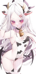 Rule 34 | 1girl, ahoge, animal ears, animal print, arm behind head, arm up, bare shoulders, bell, black choker, black hairband, blue archive, blush, breasts, choker, commentary request, covered navel, cow ears, cow horns, cow print, fake animal ears, fake horns, groin, hair ornament, hairband, hairclip, hand up, highleg, highleg swimsuit, highres, hina (blue archive), hinamori (18ar0), horns, long hair, looking at viewer, low wings, nail polish, neck bell, one-piece swimsuit, parted bangs, parted lips, pink nails, print swimsuit, print thighhighs, purple eyes, silver hair, simple background, slingshot swimsuit, small breasts, solo, standing, sweatdrop, swimsuit, thigh gap, thighhighs, very long hair, white background, wings