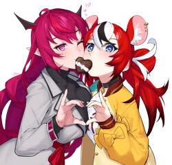Rule 34 | 2girls, alternate costume, animal ear fluff, animal ears, asymmetrical docking, black collar, black hair, blue eyes, blush, bow, breast press, breasts, candy, cheese, chocolate, chocolate heart, collar, commentary, dasdokter, ear piercing, earrings, english commentary, food, food in mouth, grey jacket, hair between eyes, hair bun, hakos baelz, hand up, head back, head tilt, heart, heart-shaped pupils, heart hands, heart hands duo, highres, hololive, hololive english, horns, irys (hololive), jacket, jewelry, large breasts, long hair, long sleeves, looking at viewer, mouse ears, mouse girl, mouth hold, multicolored eyes, multicolored hair, multiple girls, nail polish, one eye closed, open clothes, open jacket, piercing, pink eyes, pink nails, pinky out, pointy ears, purple hair, red hair, ribbon, shared food, shirt, sidelocks, signature, simple background, small breasts, smile, streaked hair, symbol-shaped pupils, turtleneck, twintails, valentine, virtual youtuber, white background, white bow, white hair, white ribbon, white shirt, yellow bow, yellow jacket, yuri