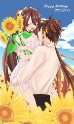 Rule 34 | 1boy, 1girl, alternate costume, bare legs, bare shoulders, blush, brown hair, carrying, carrying against hip, carrying person, closed eyes, cloud, cloudy sky, collared shirt, colored tips, dress, earrings, english text, eyeliner, eyeshadow, face-to-face, field, flower, flower field, genshin impact, gradient hair, hair between eyes, hair ornament, hair tie, halterneck, hands on another&#039;s thighs, happy birthday, hayamin35, highres, holding, holding flower, hu tao (genshin impact), jewelry, long hair, makeup, multicolored hair, nail polish, nature, open mouth, outdoors, pants, pink nails, ponytail, red eyeshadow, ribbon, shirt, single earring, sky, sleeveless, smile, sunflower, sunflower field, tassel, tassel earrings, timestamp, twitter username, white dress, white ribbon, zhongli (genshin impact)
