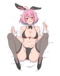 Rule 34 | 1girl, absurdres, ahoge, animal ears, aqua hair, bikini, black bikini, black bow, black bowtie, black footwear, black headwear, black thighhighs, blush, bob cut, bow, bowtie, breasts, cleavage, collar, collarbone, colored inner hair, commentary, detached collar, fang, front-tie bikini top, front-tie top, hair intakes, highres, idolmaster, idolmaster cinderella girls, idolmaster cinderella girls starlight stage, knees up, large breasts, looking at viewer, lying, m legs, multicolored hair, navel, on back, open mouth, pink eyes, pink hair, rabbit ears, smile, solo, stomach, swimsuit, thighhighs, thighs, two-tone hair, wasabijoyu76, white collar, white wrist cuffs, wrist cuffs, yumemi riamu