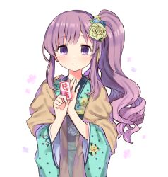 Rule 34 | 1girl, alternate hair color, alternate hairstyle, blue flower, blush, breasts, brown jacket, caracorn, closed mouth, dot nose, floral background, floral print, flower, green kimono, hair flower, hair ornament, hands up, highres, holding, idolmaster, idolmaster shiny colors, jacket, japanese clothes, kimono, long hair, long sleeves, looking at viewer, medium breasts, obi, obiage, obijime, omikuji, print kimono, purple eyes, purple flower, purple hair, sash, side ponytail, sidelocks, smile, solo, white background, wide sleeves, yellow flower, yukoku kiriko