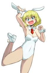 Rule 34 | 10s, 1girl, alternate costume, animal ears, aono3, arm up, ascot, blonde hair, blue eyes, breasts, cowboy shot, detached collar, fake animal ears, fang, fishnet pantyhose, fishnets, girls und panzer, highres, katyusha (girls und panzer), leg up, leotard, looking at viewer, open mouth, pantyhose, playboy bunny, rabbit ears, shoes, short hair, simple background, small breasts, smile, solo, standing, standing on one leg, strapless, strapless leotard, white background, white footwear, white leotard, wrist cuffs