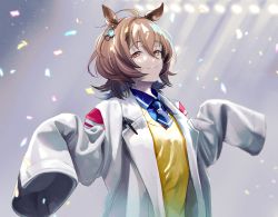Rule 34 | 1girl, absurdres, agnes tachyon (umamusume), ahoge, animal ears, brown hair, chemical structure, collared shirt, commentary request, confetti, earrings, hair between eyes, highres, horse ears, horse girl, jewelry, lab coat, looking at viewer, messy hair, mikedate, necktie, orange eyes, outstretched arms, oversized clothes, pen, raised eyebrows, shirt, short hair, short necktie, single earring, sleeves past fingers, sleeves past wrists, smile, solo, stage lights, sweat, sweater, umamusume, upper body, w arms, yellow sweater