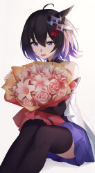 Rule 34 | 1girl, absurdres, ahoge, bare shoulders, black collar, black hair, black sleeves, black thighhighs, bouquet, chinese commentary, collar, collarbone, commentary request, detached sleeves, feet out of frame, flower, gradient hair, hair between eyes, hair ornament, highres, holding, holding bouquet, honkai (series), honkai impact 3rd, knees up, ling kongling, looking at flowers, multicolored hair, open mouth, purple eyes, purple hair, purple skirt, rose, seele vollerei, seele vollerei (swallowtail phantasm), shirt, sitting, skirt, solo, thighhighs, thighs, white background, white flower, white rose, white shirt