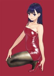 Rule 34 | 1girl, bare shoulders, black pantyhose, blue hair, blush, breasts, cleavage, closed mouth, dress, hair behind ear, high heels, highres, long hair, looking at viewer, medium breasts, miru tights, mole, mole on shoulder, mole under eye, nail polish, nakabeni yua, pantyhose, red background, red dress, red footwear, red nails, skin tight, smile, solo, squatting, strapless, strapless dress, tube dress, yomu (sgt epper)