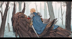 Rule 34 | 1boy, animal, armor, warrior of light (ff14), blonde hair, blue cape, cape, day, feathers, fictional persona, final fantasy, final fantasy xiv, fog, forest, from behind, griffin, highres, hyur, knight, male focus, nature, outdoors, ricemune723623, shoulder armor, sitting, solo, sword, tree, weapon