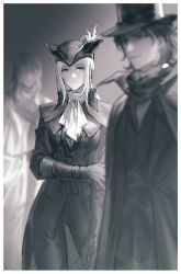 Rule 34 | 1boy, 1girl, 1other, ascot, bloodborne, blurry, blurry background, blurry foreground, brooch, cape, chongning, closed mouth, coat, collared coat, commentary request, gehrman the first hunter, gem, gloves, greyscale, hat, hat feather, highres, holding own arm, jewelry, lady maria of the astral clocktower, long hair, looking at viewer, monochrome, ponytail, simple background, smile, top hat, tricorne, aged down