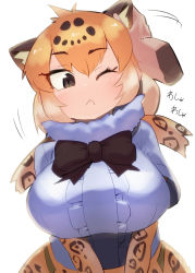 Rule 34 | 1girl, animal ears, black hair, bow, bowtie, breasts, brown eyes, center frills, closed mouth, colored inner hair, disembodied hand, elbow gloves, extra ears, frills, fur collar, gloves, hair between eyes, headpat, jaguar (kemono friends), jaguar ears, jaguar print, kemono friends, large breasts, looking to the side, medium hair, multicolored hair, nishuu miri, one eye closed, orange hair, print gloves, raised eyebrow, scarf, shirt, short sleeves, sidelocks, simple background, skirt, solo focus, upper body, v arms, white background