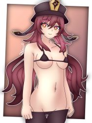 Rule 34 | 1girl, absurdres, black hat, bra, breasts, brown background, brown bra, brown hair, brown shorts, clothes pull, genshin impact, gradient background, hat, hat ornament, highres, hu tao (genshin impact), long hair, looking at viewer, navel, pink background, red eyes, shorts, smile, solo, stomach, top hat, underwear