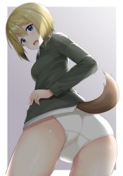 Rule 34 | 1girl, ass, bad id, bad pixiv id, blonde hair, blue eyes, blush, breasts, dog tail, erica hartmann, from below, hand on own hip, looking at viewer, looking back, looking down, military, military uniform, open mouth, panties, purple background, shiny skin, simple background, small breasts, smile, solo, strike witches, tail, two-tone background, underwear, uniform, white panties, world witches series, yatsune rika