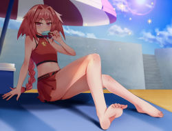 Rule 34 | 1boy, arm at side, arm support, astolfo (fate), bare arms, bare legs, bare shoulders, barefoot, beach towel, beach umbrella, bikini, box, braid, collarbone, day, eating, fate/apocrypha, fate/grand order, fate (series), feet, food, foreshortening, full body, grin, hair intakes, highres, holding, holding food, leaning back, legs, lens flare, long hair, looking at viewer, low-tied long hair, male focus, multicolored hair, navel, otz (aioerk), outdoors, parted lips, pink eyes, pink hair, popsicle, red bikini, single braid, smile, soles, solo, sparkle, stairs, stomach, streaked hair, summer, sunlight, swimsuit, teeth, toes, towel, trap, tsurime, umbrella, very long hair, white hair
