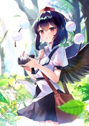 Rule 34 | 1girl, :d, bag, black hair, black skirt, black wings, blurry, blurry foreground, blush, camera, collared shirt, commentary request, day, dew drop, dress shirt, emerane, feathered wings, hat, heart, heart in eye, holding, holding camera, leaf, looking at viewer, miniskirt, open mouth, outdoors, pleated skirt, pointy ears, pom pom (clothes), puffy short sleeves, puffy sleeves, red eyes, red hat, see-through, shameimaru aya, shirt, short hair, short sleeves, shoulder bag, skirt, smile, solo, sunlight, symbol in eye, tokin hat, touhou, tree, water drop, white shirt, wing collar, wings