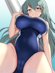 Rule 34 | 1girl, aqua eyes, aqua hair, ass, black one-piece swimsuit, blue one-piece swimsuit, blush, breasts, cameltoe, competition swimsuit, covered navel, from below, hair between eyes, hair ornament, hairclip, highres, kantai collection, large breasts, long hair, looking at viewer, looking down, montemasa, multicolored clothes, multicolored swimsuit, one-hour drawing challenge, one-piece swimsuit, rei no pool, smile, solo, suzuya (kancolle), swimsuit, two-tone swimsuit, window
