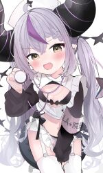 Rule 34 | 1girl, ahoge, alternate costume, alternate hairstyle, armband, black horns, braid, braided bangs, closed eyes, fang, fangs, frills, garter straps, gloves, grey hair, hat, heart, heart in eye, highres, holding stethoscope, hololive, horns, la+ darknesss, long hair, long sleeves, multicolored hair, navel, nocchi (r ws2l), nurse cap, open mouth, pointy ears, purple hair, solo, star (symbol), star in eye, stethoscope, streaked hair, symbol in eye, thighhighs, twintails, virtual youtuber, white thighhighs, yellow eyes
