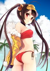 Rule 34 | 1girl, ahoge, ashiya hiro, ass, azur lane, bandeau, bikini, blue sky, breasts, brown hair, butt crack, cloud, cloudy sky, covering nipples, covering privates, cowboy shot, day, from side, fur trim, hair ornament, highres, jacket, long hair, off shoulder, open clothes, open jacket, outdoors, palm tree, parted lips, ping hai (azur lane), ping hai (summer vacation) (azur lane), red bikini, red eyes, side-tie bikini bottom, skindentation, sky, small breasts, solo, swimsuit, tree, twintails, very long hair, visor cap