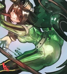 Rule 34 | 1girl, :&gt;, all fours, ass, asui tsuyu, blush, bodysuit, boku no hero academia, breasts, closed mouth, commentary, feet out of frame, from above, furrowed brow, gloves, goggles, goggles on head, green bodysuit, green eyes, green hair, hair between eyes, highres, keziedra, long hair, long tongue, looking back, looking down, low-tied long hair, medium breasts, simple background, skin tight, solo, spread legs, straight hair, tongue, white background, white gloves
