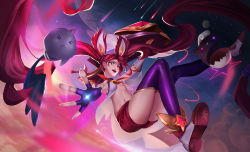 Rule 34 | 1girl, absurdres, alternate costume, alternate hairstyle, bare shoulders, belt, black gloves, black thighhighs, bow, bowtie, brown shorts, earrings, elbow gloves, fingerless gloves, flat chest, gloves, hair ornament, highres, jewelry, jinx (league of legends), kuro (league of legends), league of legends, lipstick, long hair, magical girl, makeup, red hair, red lips, shiro (league of legends), short shorts, shorts, star (symbol), star guardian (league of legends), star guardian jinx, thighhighs, twintails, very long hair
