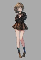 Rule 34 | 1girl, 4th, black sweater, blue eyes, blue socks, breasts, brown footwear, brown hair, brown skirt, closed mouth, flower, full body, grey background, hair ornament, hands up, highres, holding, holding flower, looking at viewer, medium breasts, original, own hands together, pigeon-toed, shoes, simple background, skirt, smile, socks, solo, star (symbol), star hair ornament, sweater, white flower
