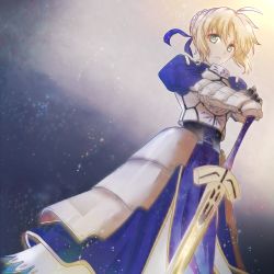 Rule 34 | 1girl, ahoge, artoria pendragon (fate), avalon (fate/stay night), blonde hair, excalibur (fate/stay night), fate/stay night, fate (series), gauntlets, green eyes, planted sword, planted, raminoa, saber (fate), sheath, sheathed, solo, sword, weapon