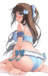 Rule 34 | 1girl, absurdres, arm garter, ass, barefoot, bikini, blue bikini, blue bow, blue eyes, blue flower, blush, bow, breasts, brown hair, commentary, feet, flower, from behind, hair bow, hair flower, hair ornament, highres, long hair, looking at viewer, looking back, love live!, love live! nijigasaki high school idol club, medium breasts, oku 1225, open mouth, osaka shizuku, simple background, soles, solo, striped, striped bow, swimsuit, toes, white background