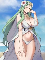 Rule 34 | 1girl, adjusting hair, beach, bikini, blue sky, blush, breasts, cleavage, closed mouth, day, eyebrows, eyelashes, female focus, fire emblem, fire emblem: three houses, flower, green eyes, green hair, hair flower, hair ornament, half-closed eyes, hand on own thigh, highres, jewelry, large breasts, lips, long hair, looking at viewer, matching hair/eyes, navel, necklace, nintendo, ocean, official alternate costume, outdoors, rhea (fire emblem), shiny skin, sky, smile, solo, standing, swimsuit, thick thighs, thighs, very long hair, white bikini, yamamori kinako
