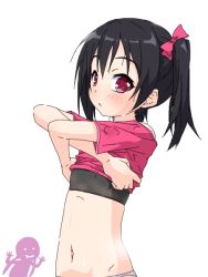 Rule 34 | 10s, 2girls, black hair, blush, bow, clothes lift, flat chest, hair bow, k10k, looking at viewer, love live!, love live! school idol project, multiple girls, navel, no pants, off shoulder, panties, polka dot, polka dot panties, red eyes, shirt, shirt lift, short sleeves, silhouette, simple background, t-shirt, tojo nozomi, underwear, undressing, white background, white panties, yazawa nico
