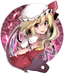 Rule 34 | 1girl, :d, asa (coco), ascot, blonde hair, blush, circle, crystal, fang, flandre scarlet, frilled shirt collar, frills, hat, hat ribbon, laevatein, looking at viewer, mob cap, open mouth, outside border, puffy short sleeves, puffy sleeves, red eyes, ribbon, round image, short sleeves, side ponytail, skirt, skirt set, smile, solo, touhou, upper body, wings, wrist cuffs