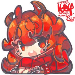 Rule 34 | 1girl, :o, black gloves, blush stickers, breasts, chibi, crop top, dated, gloves, goddess of victory: nikke, headgear, jrpencil, large breasts, long hair, navel, open mouth, orange eyes, red hair, red hood (nikke), red scarf, scarf, signature, simple background, solo, upper body, white background