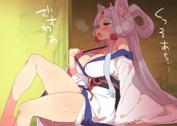 Rule 34 | 1girl, animal ears, breasts, cleavage, fox ears, hot, japanese clothes, kimono, large breasts, long hair, petenshi (dr. vermilion), silver hair, sitting, solo, sweat, thighs