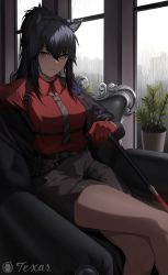Rule 34 | 1girl, animal ears, arknights, armchair, bad id, bad pixiv id, belt, black hair, black jacket, black shorts, blue flower, brooch, cero (last2stage), chair, character name, crossed legs, dated commentary, ear piercing, earrings, flower, flower brooch, formal, gloves, hair between eyes, highres, jacket, jewelry, korean commentary, long hair, looking at viewer, necktie, official alternate costume, open clothes, open jacket, penguin logistics logo, piercing, plant, ponytail, potted plant, rain, red gloves, red shirt, revision, shirt, shorts, sitting, solo, suit, texas (arknights), texas (willpower) (arknights), watch, window, wolf ears, wristwatch, yellow eyes