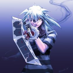 Rule 34 | 1boy, bantian96, commentary request, duel disk, evil smile, grey hair, long hair, male focus, millennium ring, one eye covered, shirt, simple background, smile, solo, striped clothes, striped shirt, upper body, veins, yami bakura, yellow eyes, yu-gi-oh!, yu-gi-oh! duel monsters