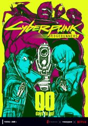 Rule 34 | 3boys, 3girls, breasts, closed mouth, cyberpunk (series), cyberpunk 2077, cyberpunk edgerunners, david martinez, dorio (cyberpunk), highres, holding, holding weapon, imaishi hiroyuki, looking at viewer, lucy (cyberpunk), maine (cyberpunk), medium breasts, multiple boys, multiple girls, muscular, muscular male, official art, pilar (cyberpunk), rebecca (cyberpunk), short hair, smile, standing, weapon