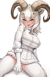 Rule 34 | 1girl, animal ears, arm behind back, black hair, blush, breasts, brown horns, coat, colored inner hair, covering, covering crotch, curled horns, dall sheep (kemono friends), double-parted bangs, eyelashes, fur-trimmed coat, fur-trimmed sleeves, fur collar, fur trim, gloves, grey hair, groin, hair between eyes, highres, horizontal pupils, horns, jewelry, kemono friends, large breasts, leaning back, legs apart, long hair, looking at viewer, multicolored hair, naughty face, no panties, orange eyes, pendant, puffy coat, sairen blade, sheep ears, sheep girl, sheep horns, simple background, sitting, smile, solo, tan, taut clothes, teasing, thighhighs, tongue, tongue out, twisted torso, white background, white gloves, white hair, white thighhighs