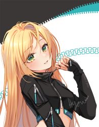 Rule 34 | 1girl, black jumpsuit, blonde hair, blush, breasts, clothes writing, commentary, cropped jacket, english commentary, green eyes, head tilt, hyanna-natsu, jumpsuit, long hair, long sleeves, looking at viewer, multicolored background, original, parted lips, signature, sleeves past wrists, small breasts, smile, solo, upper body, zipper, zipper pull tab
