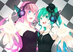 Rule 34 | 2girls, age difference, aqua eyes, aqua hair, bad id, bad pixiv id, blue eyes, breasts, butterfly hair ornament, hair ornament, hakobi, hat, hatsune miku, headphones, headset, large breasts, long hair, magnet (vocaloid), medium breasts, megurine luka, mini hat, mini top hat, multiple girls, pink hair, smile, top hat, twintails, vocaloid, wide shot, yuri