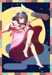 Rule 34 | 1girl, adapted costume, animal ears, black hair, bloomers, closed mouth, commentary, egasumi, eyelashes, full moon, hair between eyes, hammer, hands up, highres, holding, holding hammer, inaba tewi, japanese clothes, juliet sleeves, kimono, kine, knee up, light blush, long skirt, long sleeves, mallet, medium hair, mid-autumn festival, moon, night, no shoes, nyan c, pink skirt, puffy sleeves, rabbit ears, rabbit girl, red eyes, red ribbon, ribbon, skirt, smile, socks, solo, sparkle, standing, standing on one leg, symbol-only commentary, touhou, underwear, white bloomers, white kimono, white socks, wide sleeves