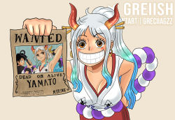 Rule 34 | 1girl, armpits, artist request, bare arms, blue hair, blush, blush stickers, breasts, cleavage, collarbone, derivative work, dress, earrings, english text, gradient hair, grin, hair ornament, hair tie, hand on own hip, hand up, happy, high ponytail, highres, holding, holding paper, hoop earrings, horns, indoors, japanese clothes, jewelry, kimono, large breasts, long hair, looking at viewer, monkey d. luffy, multicolored hair, naughty face, one piece, oni, oni girl, oni horns, orange eyes, paper, parted lips, photo (object), ponytail, poster, red eyes, red horns, rope, rope belt, screenshot redraw, shimenawa, sleeveless, sleeveless kimono, smile, solo, standing, teeth, two-tone hair, very long hair, wanted, white hair, yamato (one piece)