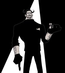 Rule 34 | 1boy, beard, black theme, blueno, facial hair, feet out of frame, full beard, highres, holding, horns, large hands, looking at viewer, m (132zlkotqchsgk), male focus, muscular, muscular male, one piece, pointing, pointing down, short hair, snail, solo, spotlight, thick arm hair, thick eyebrows, thick neck