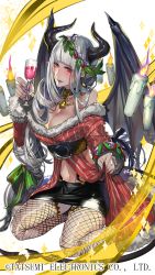 Rule 34 | 1girl, bad anatomy, black skirt, black wings, blue nails, blunt bangs, blush, breasts, candle, champagne flute, cleavage, clothes lift, cup, demon girl, demon horns, demono crusade, dress, dress lift, drinking glass, earrings, fishnet thighhighs, fishnets, full body, head wreath, horns, jewelry, kneeling, large breasts, long hair, midriff, nail polish, navel, necklace, official art, parted lips, pointy ears, red eyes, silver hair, skirt, solo, striped, thighhighs, very long hair, wings, ysk (yusuke)