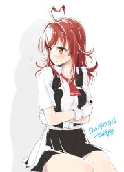 Rule 34 | 1girl, ahoge, arashi (kancolle), ascot, black skirt, black vest, collarbone, commentary request, dated, dress shirt, gloves, heart, heart ahoge, highres, kantai collection, looking to the side, medium hair, one-hour drawing challenge, orange eyes, red ascot, red hair, school uniform, shirt, sitting, skirt, solo, twitter username, usami (50-point caliper), vest, white gloves, white shirt