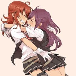 Rule 34 | 10s, 2girls, ^ ^, ahoge, arashi (kancolle), arms around neck, bad id, bad twitter id, blush, clenched teeth, closed eyes, closed eyes, female focus, gloves, grin, hagikaze (kancolle), happy, hug, imminent kiss, kantai collection, legs, long hair, lowres, multiple girls, mutual hug, one side up, open mouth, purple hair, red hair, ree (re-19), round teeth, school uniform, short hair, short sleeves, skirt, smile, teeth, vest, white gloves, yuri