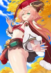 Rule 34 | 1girl, :d, antlers, ass, bare shoulders, black skirt, blue sky, bow, breasts, cape, crop top, genshin impact, green eyes, hair between eyes, highres, horns, long hair, long sleeves, looking at viewer, mg42cat-k1ng, midriff, no panties, open mouth, pink hair, red headwear, revealing clothes, skirt, sky, small breasts, smile, solo, standing, tree, upskirt, wide sleeves, yanfei (genshin impact), yellow bow