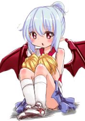 Rule 34 | 1girl, bad id, bad pixiv id, bare arms, bare shoulders, bat wings, blue hair, blush, cheerleader, flying sweatdrops, nyt (nagane), open mouth, pointy ears, pom pom (cheerleading), ponytail, red eyes, remilia scarlet, shirt, sitting, skirt, solo, touhou, wings