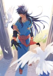 Rule 34 | 1boy, bird, black gloves, blue hair, blue robe, blurry, dark-skinned male, dark blue hair, dark skin, day, depth of field, dove, earrings, elbow gloves, fate/grand order, fate (series), feathers, full body, gloves, hair between eyes, hally, highres, jewelry, long hair, looking at animal, male focus, outstretched arm, pendant, pillar, red eyes, red sash, robe, romulus quirinus (fate), sandals, sash, smile, solo, standing